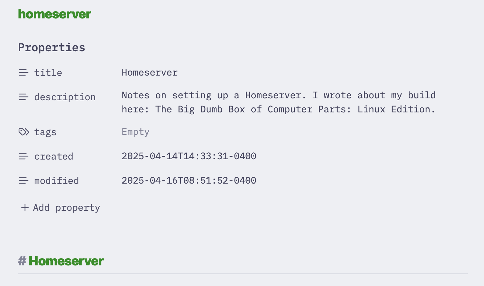 screenshot of Obsidian with YAML and filenames and titles